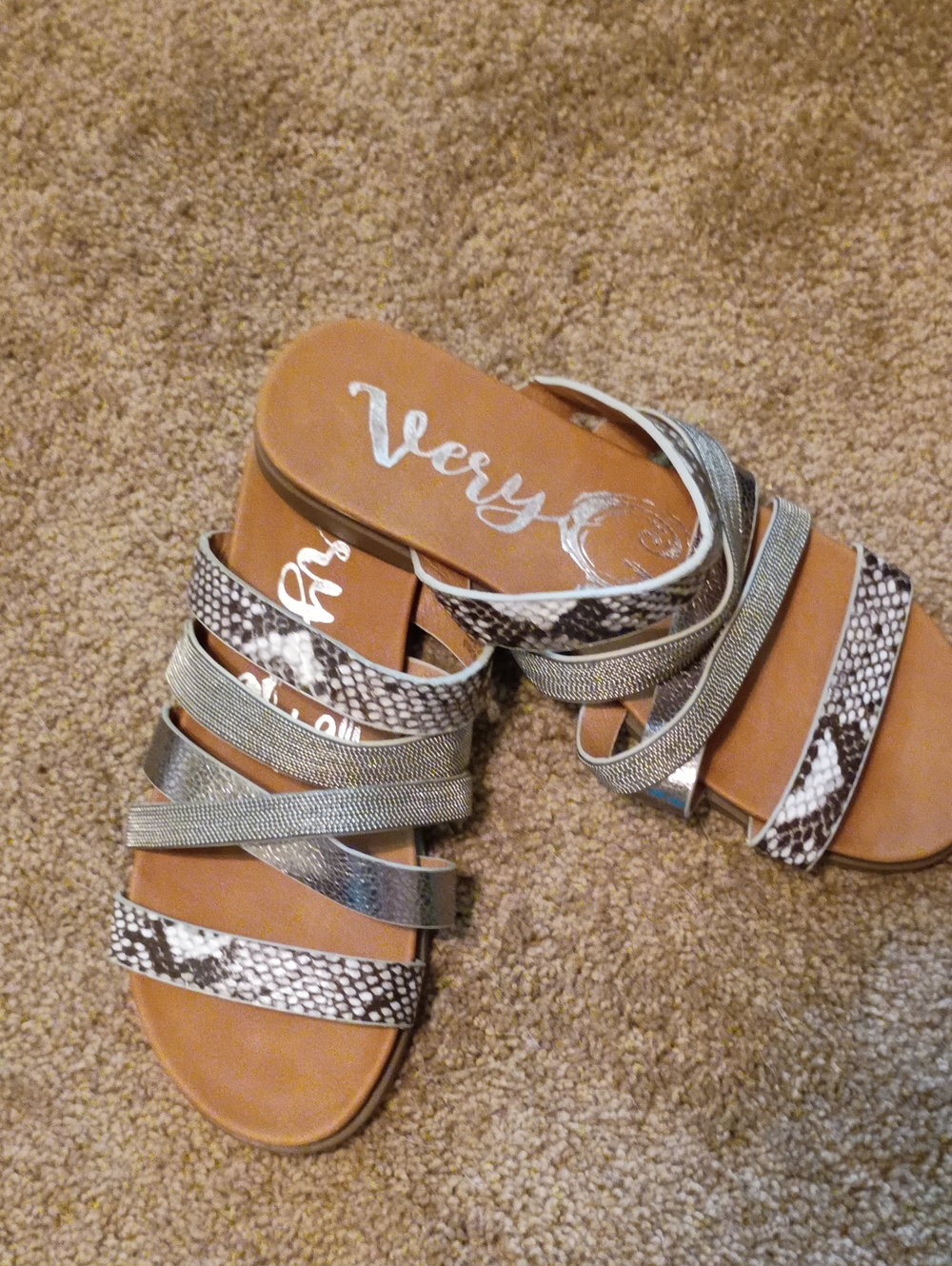 Very G Silver and Brown Snake-Print Strappy Slide Sandals